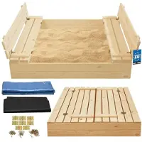KOTARBAU Houten Zandbak - 120 x 120 cm - Natuurlijk - Zandbak met Deksel - en Bankjes - Met Grondzeil - Buitenspeelgoed