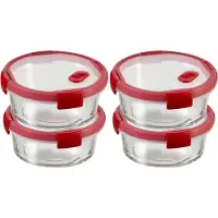 Curver Smart Cook Vershouddoos - Glas met deksel - Rond - Set van 4 x 0,6L - Rood/Transparant