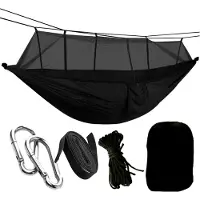 HomeShopXL HSXL Lichtgewicht Outdoor Hangmat met Muggennet en Accessoires - 260x140cm - Zwart- Survival Hangmat met Klamboe