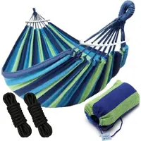 HomeShopXL HSXL Dubbele Hangmat Blauw met Spreidstok en Touwen - 1 of 2 Persoons - Lig Oppervlak 190x150cm - Lengte 260cm