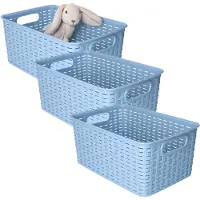 PlasticForte Opbergmandje of kledingmandje - 3x - rotan kunststof - blauw - 19 x 29 x 13 cm