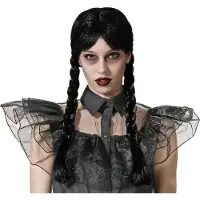 BigBuy Verkleedpruik Dames Wednesday - Zwart - Met lange vlechtjes - lang haar - Halloween - Horror thema - carnaval