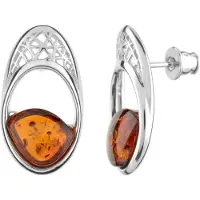 Cavill - Elegante Zilveren Oorbellen - 925 Sterling Zilver Gerhodineerd - Cognac Baltische Barnsteen 1 8 ct Fancy Cabochon Ovaal 22 mm