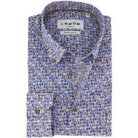 Ledub Overhemd blauw geprint bruin patroon button down