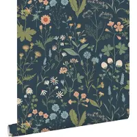 ESTAhome behang veldbloemen donkerblauw, groen en roze - 53 cm x 10.05 m - 139698