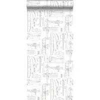 ESTAhome behang constructietekeningen van vliegtuigen wit - 53 cm x 10.05 m - 128812