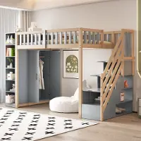 STILVORA Hoogslaper 90x200 cm – Met Kledingkast & Ingebouwde Opbergladen – Veiligheidsladder – Hout – Grijs+Natuurlijk – Zonder matras