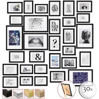 Bomoe Emotion Set van 30 Fotolijsten Houten Frames - kunststof glas - 10x 10,5x15cm / 15x 13x18cm / 5x 20x30cm - Metalen Ophanging - Standaard & Passepartout - Zwart