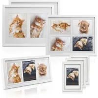 Bomoe fotolijsten set van 7- houten fotolijst met passe-partout & kunststof glazen lijst voor foto's 1x 4 foto's 1 x 3 foto's 2 x 2 foto's 3 x 1 foto - Wit - Galeria