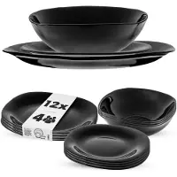 Kadax servies voor 4 personen, 12-delig, servies met soepbord, dessertbord en dinerbord, serviesgoed, servies, bordservies (zwart)