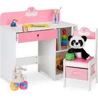 Relaxdays kinderbureau en stoel - lade - met opbergruimte - zwaan - kindertafel - roze-wit