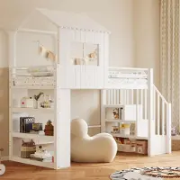 OKWISH Hoogslaper 90x200 Cm – Huisvorm Met Opbergladder Links Of Rechts – Met Meerlaags Rek En Ruimte Onder Bed – Zonder Matras – Metaal En MDF – Wit