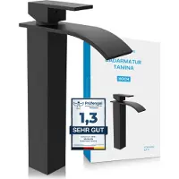 Bächlein Waterkraan hoog voor de badkamer in watervalontwerp, extra hoge éénhendelmengkraan met montageset voor opzetwastafel, matzwarte badkraan