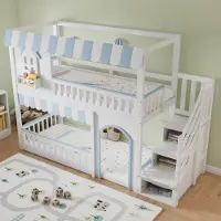 STILVORA Etagebed 90x200 cm met opbergruimte voor de trap en een kast, kinderbed met decoratieve raamdetails en een lattenbodem, hoogslaper wit+blauw