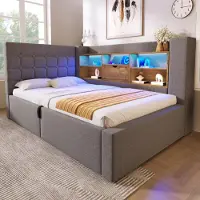 STILVORA Gestoffeerd Bed 90x200 cm – Eenpersoonsbed met L-vormig Hoofdbord – LED & USB Snel Laden – Hydraulische Opbergruimte – Linnen – Grijs – Zonder Matras