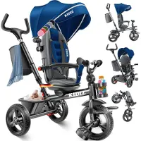 Kidiz Loopfiets Driewieler 5in1 Kinderfiets kinderdriewielerfiets 1 jaar vooruit en achteruit Jogger , mand tas drinkhouder zonnekap rubberen wielen, buggy fiets baby opvouwbaar driewielfiets - Blauw