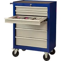 Projahn Werkplaatswagen ECOBlue, 6 afsluitbare vakken, tot 400 kg, voorzien met gereedschap, staal gepoedercoat