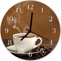 Tulup Wandklok - Koffie Wandklok Glas Met Motief - 30fi cm - Bruin Decoratieve Glazen Klok - Witte Handen - Ronde Wandklok - Glazen Klok Met Print - Wandklok Glas Met Motief