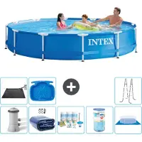 Intex Rond Frame Zwembad - 366 x 76 cm - Blauw - Inclusief Pomp - Solarzeil - Onderhoudspakket - Filter - Grondzeil - Solar Mat - Ladder - Voetenbad - 9-delig