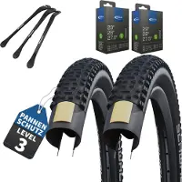 Schwalbe 2-delige Set Schwalbe Fietsbanden Rapid Rob van 27 inch x 2,10 (54-584) buitenband + Auto/Schrader ventiel binnenband en 3 metalen bandenlichters voor eenvoudige wisseling van banden