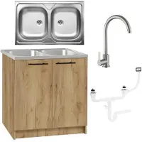 Stamar - Keukenkast 80 cm - Onderkast met Dubbele spoelbak + kraan + sifon - Eiken Goud