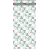 Midbec tapeter behang driehoekjes mintgroen, roze en grijs - 53 cm x 10.05 m - 128706