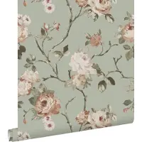 ESTAhome behang vintage bloemen vergrijsd mintgroen en zacht roze - 53 cm x 10.05 m - 139291