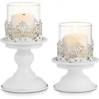 LONGZIMING -Kaarsenhouders – Vintage Metalen Windlichten voor Stompkaarsen – Vintage bloemendesign – Metaal en glas – Decoratie voor Woonkamer en Tafel – 2 stuks
