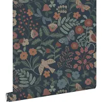 ESTAhome behang bloemen en vogels donkerblauw, roze en groen - 53 cm x 10.05 m - 139870