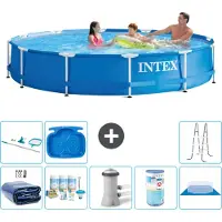 Intex Rond Frame Zwembad - 366 x 76 cm - Blauw - Inclusief Solarzeil - Onderhoudspakket - Zwembadfilterpomp - Filter - Grondzeil - Schoonmaakset - Ladder - Voetenbad - 9-delig
