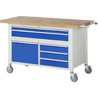 RAU Werkbank serie 8922, verrijdbaar, 5 schuifladen, 2 legborden met deur, B 1500 x D 700 x H 880 mm