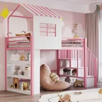 OKWISH Hoogslaper 90x200 cm - Huisvorm Met Veiligheidshek En Trap Met Opbergruimte - Met Rek - Zonder matras - MDF Metaal - Roze