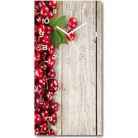 Tulup Wandklok - Kersen op hout Wandklok Glas Decoratie - 30x60 cm - Rood Gekleurde Glazen Klok - Witte handen - Rechthoekige Klok - Klok Glas Met Opdruk - Moderne Wandklok Glas