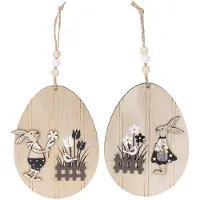 Viana Hangende paaseieren, houten ei met konijn, naturel wit, 13 cm, 6 stuks