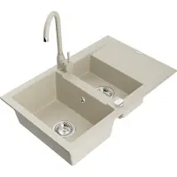 Mexen Gaspar granieten gootsteen 1,5-kamer met afdruiprek en keukenkraan Telma, beige - 6507-69-670200-69