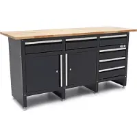 HBM werkbank 171 cm met 6 laden en 2 deuren, massief houten werkblad, zwart