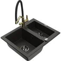 Mexen Carlos granieten spoelbak 1,5-combi met keukenkraan Duo, zwart/goud metaal - 6518-75-671701-57-B