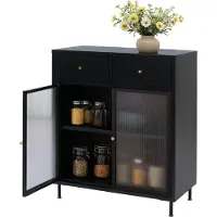 MCW Commode -O87, kast, dressoir, highboard, opbergvakken, lades, industrieel metaal, rietglas, 96x80x40cm ~ zwart