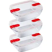 Pyrex glazen containers met deksel, Cook & Heat, 3-delig