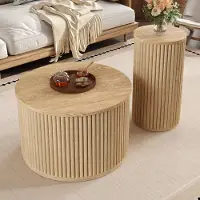 STILVORA Salontafel Set Rond - 2 Delig Met 3D Strepen - Flexibel Voor Woonkamer En Lounge - MDF - Natuurlijk - 60x60x38,5 En 30x30x56 Cm