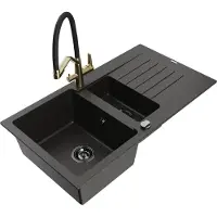Mexen Matias granieten spoelbak 1,5-komorige met druiprek en keukenkraan Duo, zwart/gouden metallic - 6502-75-671701-57-B