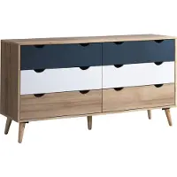 Vente-unique Commode met 6 lades - Kleur: naturel, wit en marineblauw - LURVIA