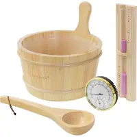 LuxeBath 4-delige sauna-accessoireset van massief dennenhout, 4,5 liter opgietemmer & opscheplepel, thermometer-hygrometer & 15min. LuxeBad zandloper