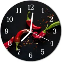 Tulup Wandklok - Chilipepers Moderne Glazen Wandklok - 30fi cm - Zwart Wandklok Glas Met Motief - Witte Handen - Ronde Wandklok - Gekleurde Glazen Klok - Glazen Klok Met Print