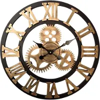 HomeShopXL HSXL - 60cm Grote Stille Wandklok Landelijk en Industrieel uit Zwart met Goud Hout - Groot - 60 cm - Houten Industriële Klok met Romeinse Cijfers en Tandwielen Design - Modern