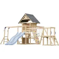 Axi Hunter XXL Speeltoestel van Hout met 2 Schommels & Dubbele Glijbaan in Pastelblauw | Speeltoren / Speelhuis op Palen voor Kinderen met Klimrek, Klimbrug, Trapeze | Speelplaats voor de Tuin