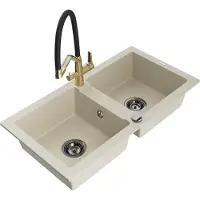 Mexen Mario granieten spoelbak 2-kamer met keukenmengkraan Duo, beige - 6504-69-671701-57-B