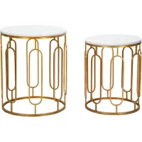 Mauro Ferretti Set van 2 Tory marmeren salontafels – vergulde voet en witte marmeren blad, Ø 46x55 - 39x48 cm – Style Collection, artikelnummer 940