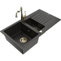 Mexen Matias granieten spoelbak 1,5-komer met afdruiprek en keukenkraan Carla, zwart/goud metallic - 6502-75-670700-50