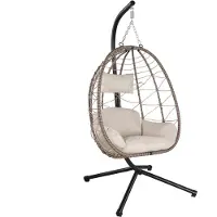 Juskys – Aria Hangstoel Met Standaard – 95 x 95 x 196 cm – Voorzien Van Comfortabele Kussens En In Hoogte Verstelbare Ketting – Voor Woonkamer En Terras – Beige Polyrattan En IJzer
